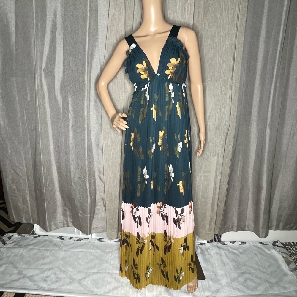 Ted Baker Kaylare Savanna Teal and Yellow Floral Maxi  Pleated Dress Size 0